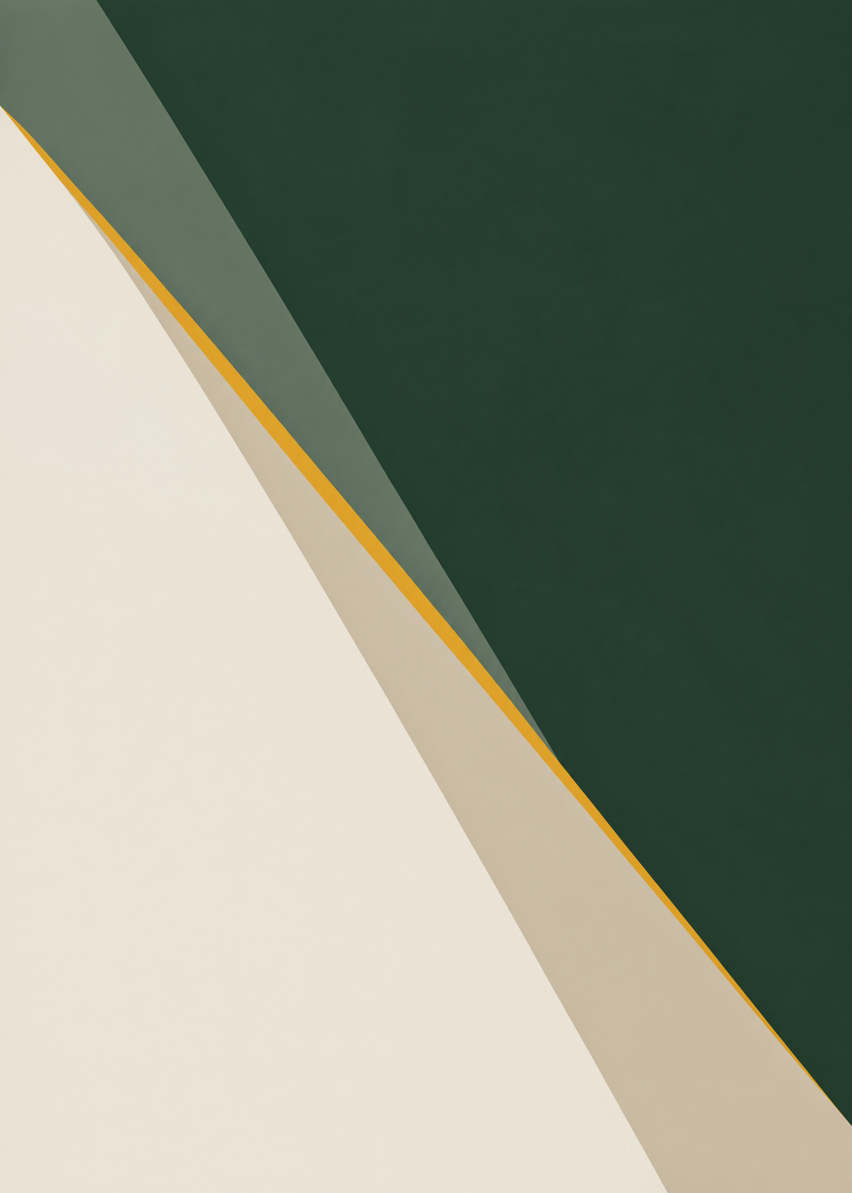 Affiche abstraite géométrique vert forêt et beige crème traversée d'un fin trait moutarde