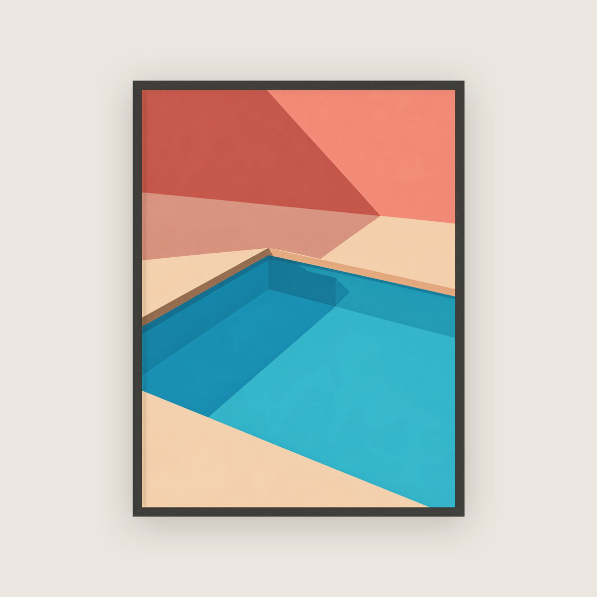 Affiche piscine turquoise encadrée en noir, eau bleue, murs corail et plage couleur sable