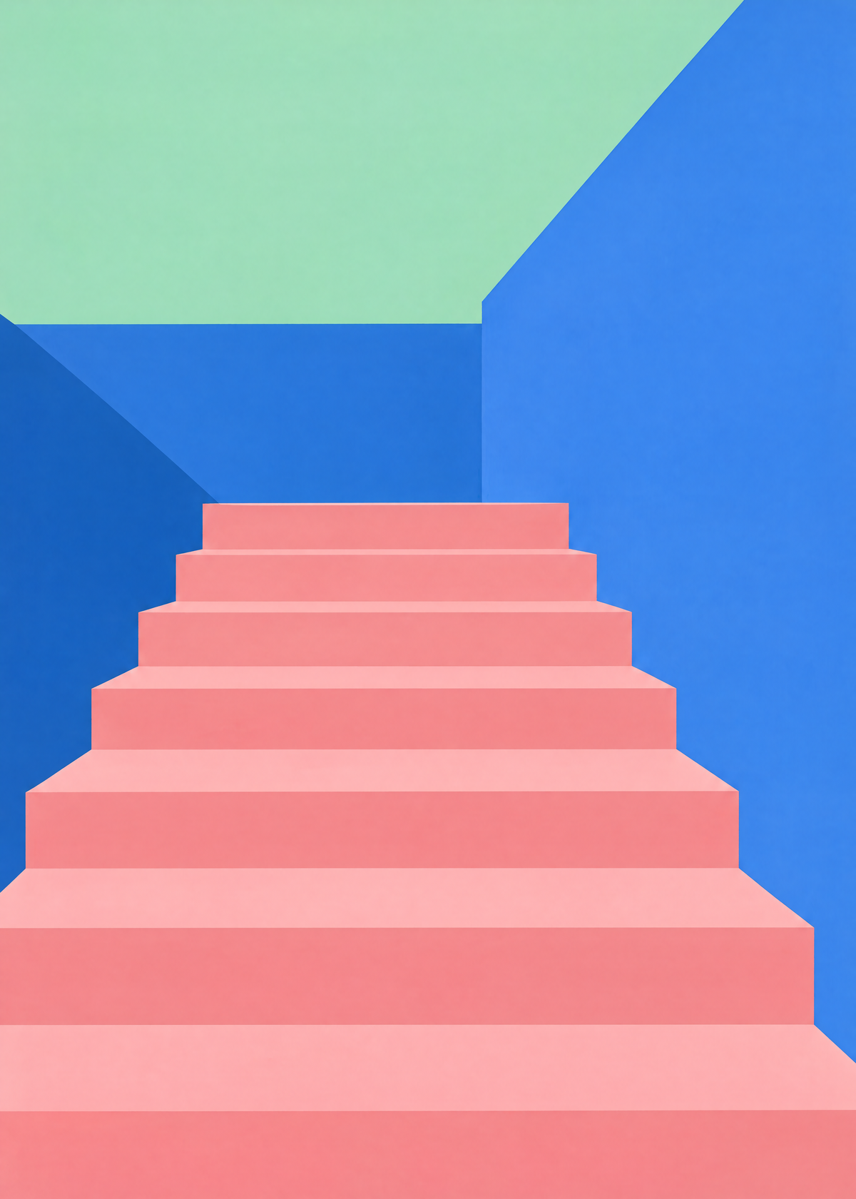 Affiche architecture colorée, escalier rose qui monte entre des murs bleu vif sous un ciel vert menthe