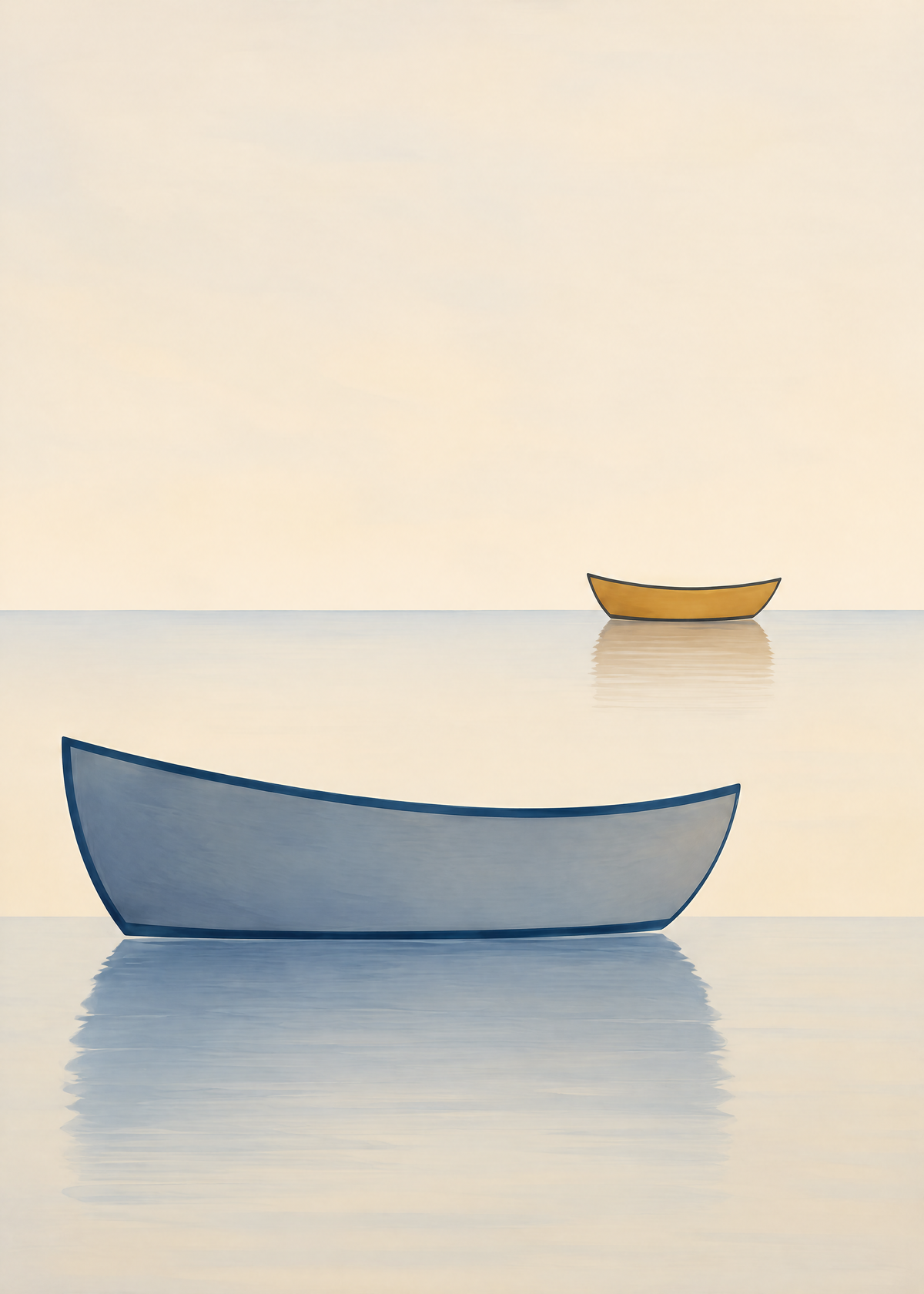 Affiche marine minimaliste, barque bleue au premier plan et petite barque ocre au loin sur une mer calme
