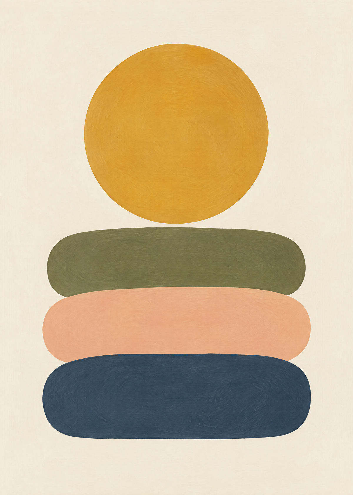 Affiche abstraite, grand soleil moutarde au-dessus de trois galets olive, pêche et bleu nuit, fond crème