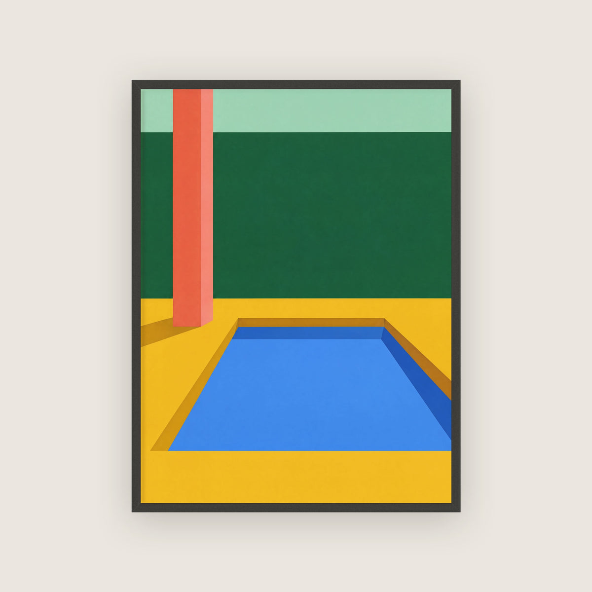 Affiche piscine jaune et bleu encadrée en noir, bassin bleu, colonne corail et mur vert sapin