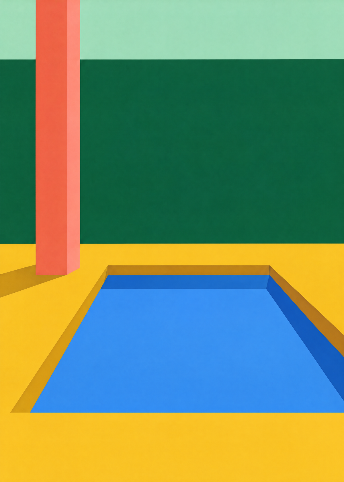 Affiche architecture pop, bassin bleu sur une terrasse jaune, colonne corail et mur vert sapin