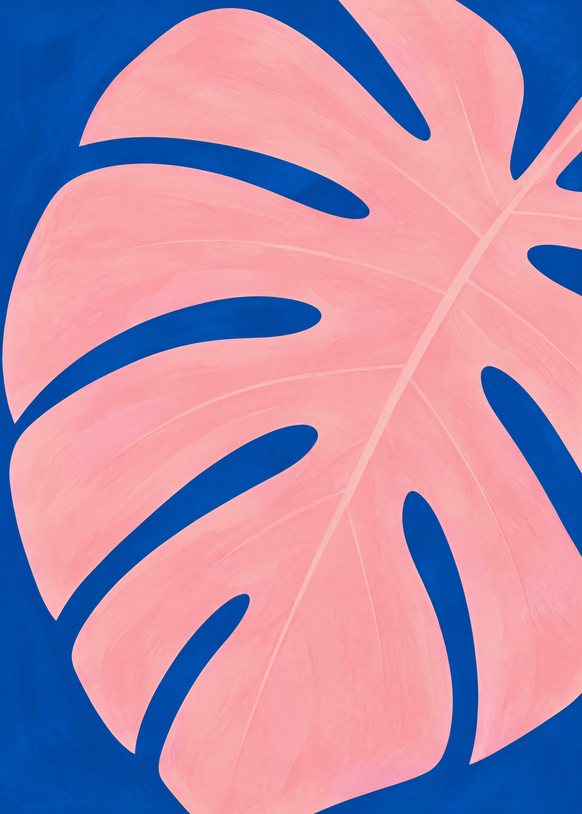 Affiche botanique pop, grande feuille de monstera rose poudré qui remplit un fond bleu cobalt