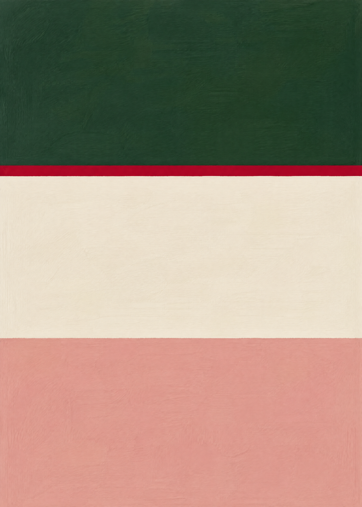 Affiche minimaliste à bandes horizontales vert forêt, crème et vieux rose, fin liseré rouge