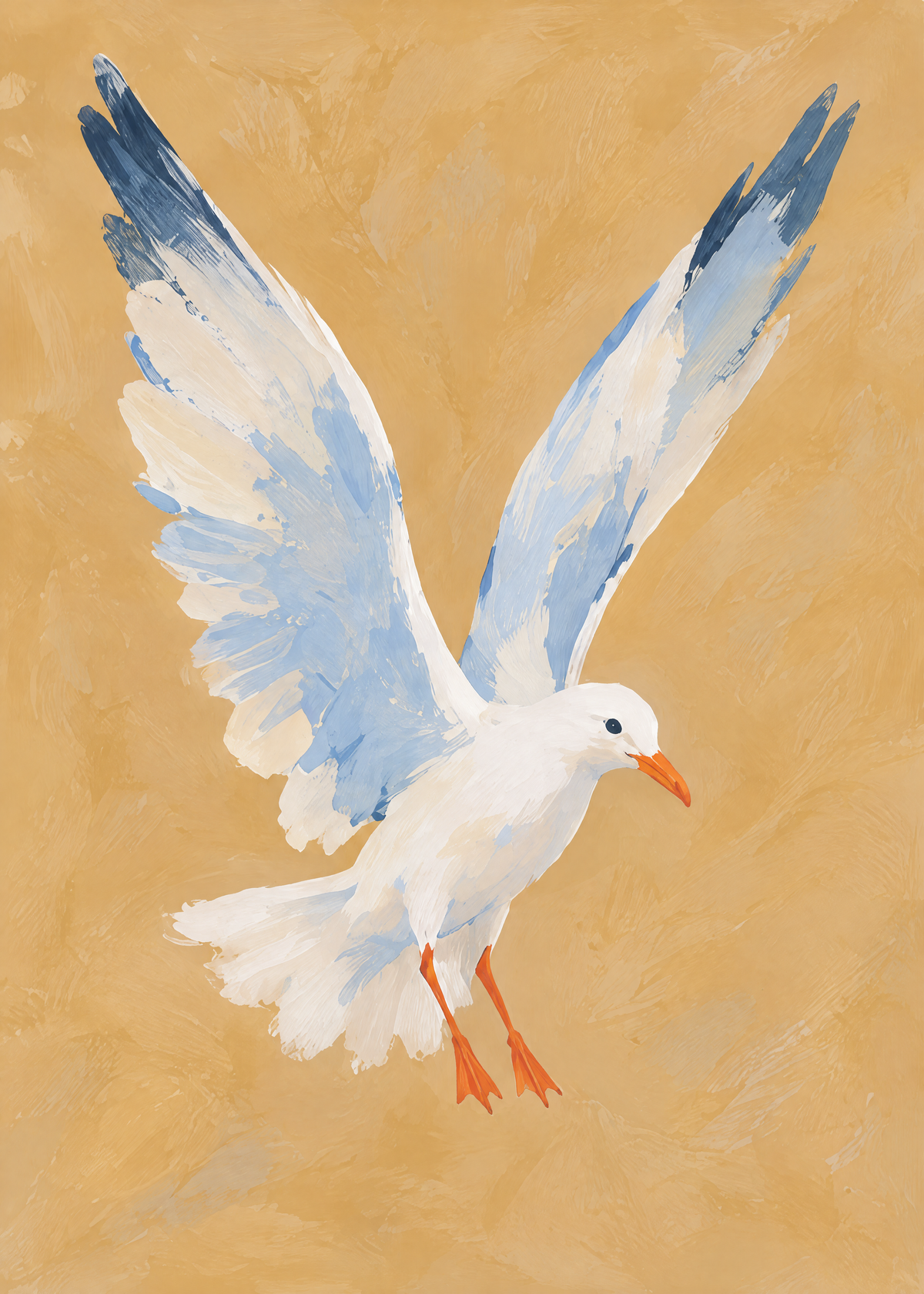 Affiche mouette aux ailes déployées, plumes blanches et bleu ciel, pattes orange sur un fond ocre peint
