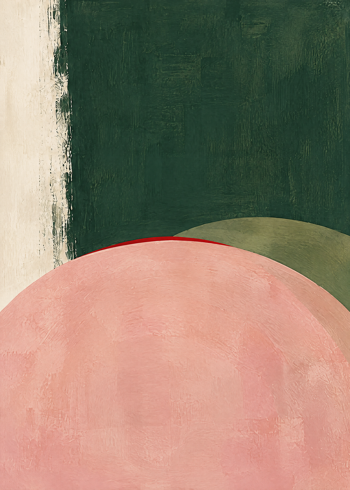 Affiche abstraite peinte, grand rond rose poudré devant un aplat vert forêt, cercle olive et fil rouge