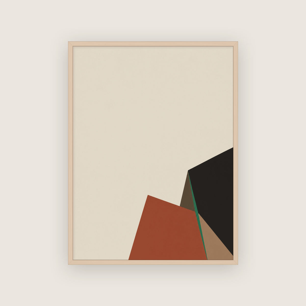 Affiche minimaliste aux tons terreux dans un cadre en chêne clair, terracotta, brun et noir