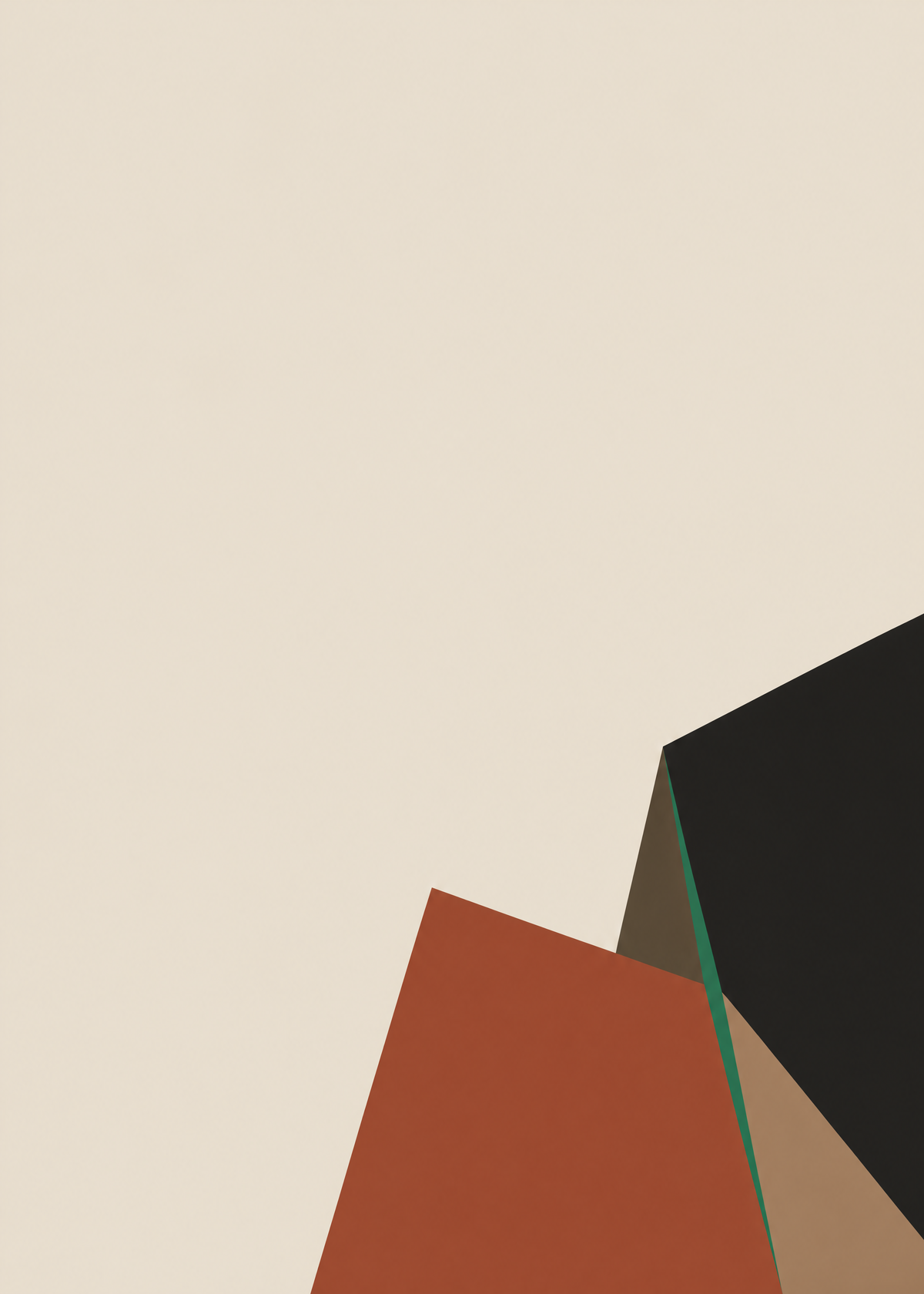 Affiche abstraite minimaliste, formes terracotta, noire et brune dans un coin d'un grand fond beige