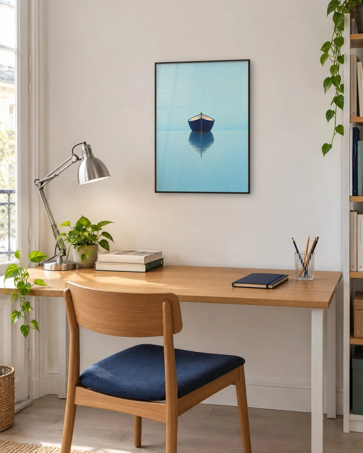 Affiche bureau minimaliste bleu ciel en cadre noir, au-dessus d'un bureau en chêne et chaise marine