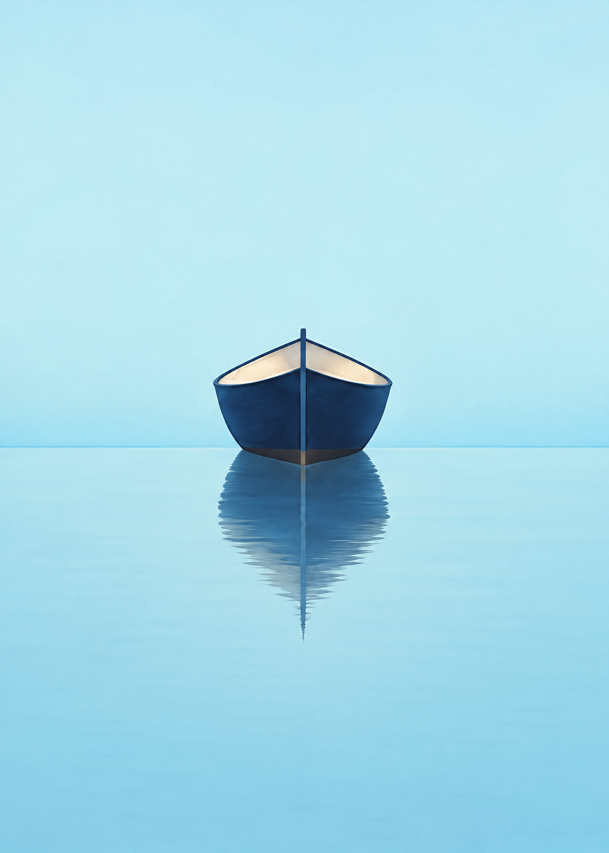 Affiche minimaliste bleu ciel, barque bleu marine vue de face et son reflet sur une eau calme