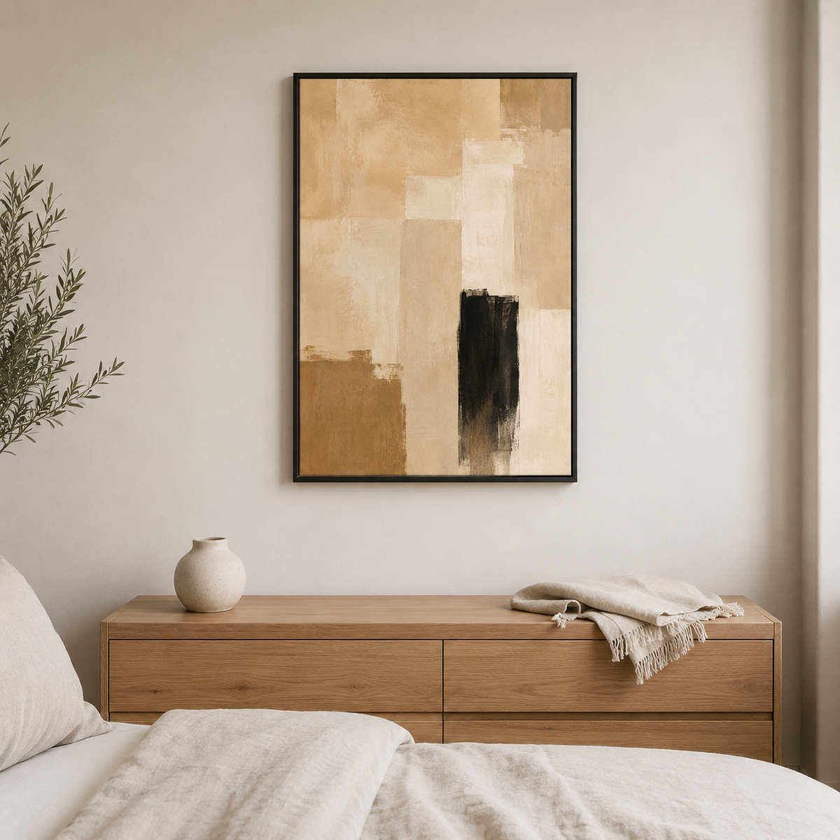 Trait d'ombre – Tableau abstrait beige, marron et noir