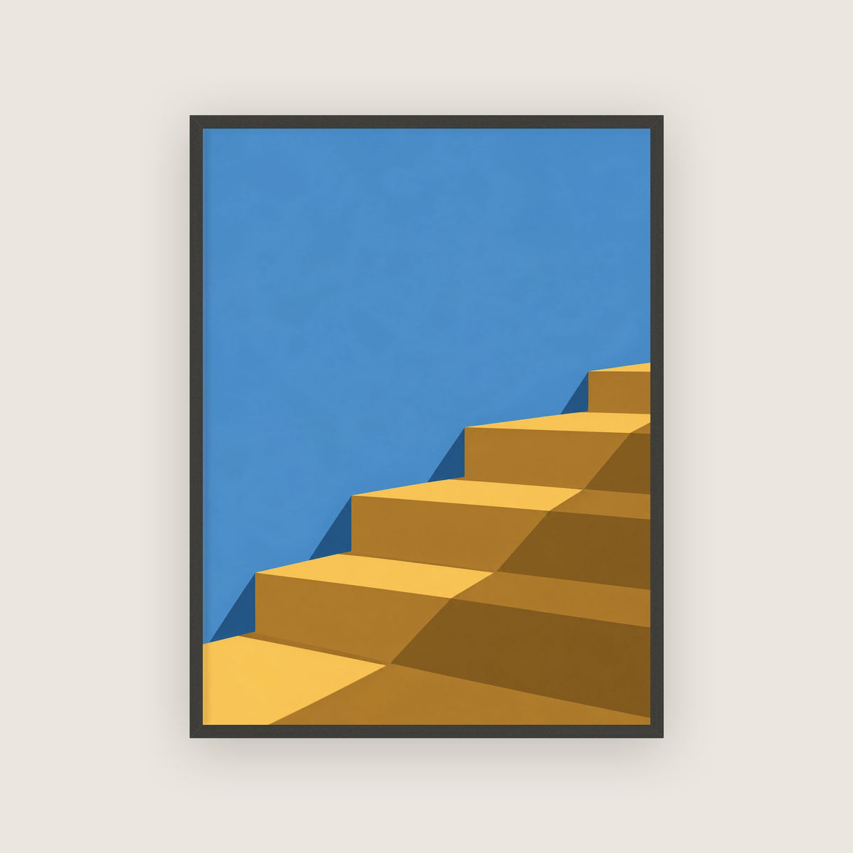 Affiche escalier jaune et bleu encadrée en noir, marches au soleil sous un ciel bleu franc