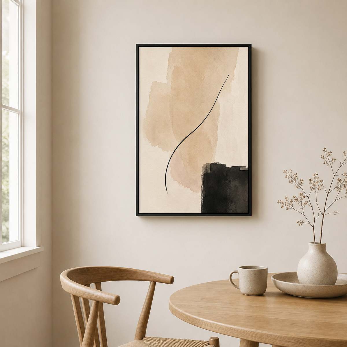 Courbe de sable – Tableau abstrait minimaliste beige et noir