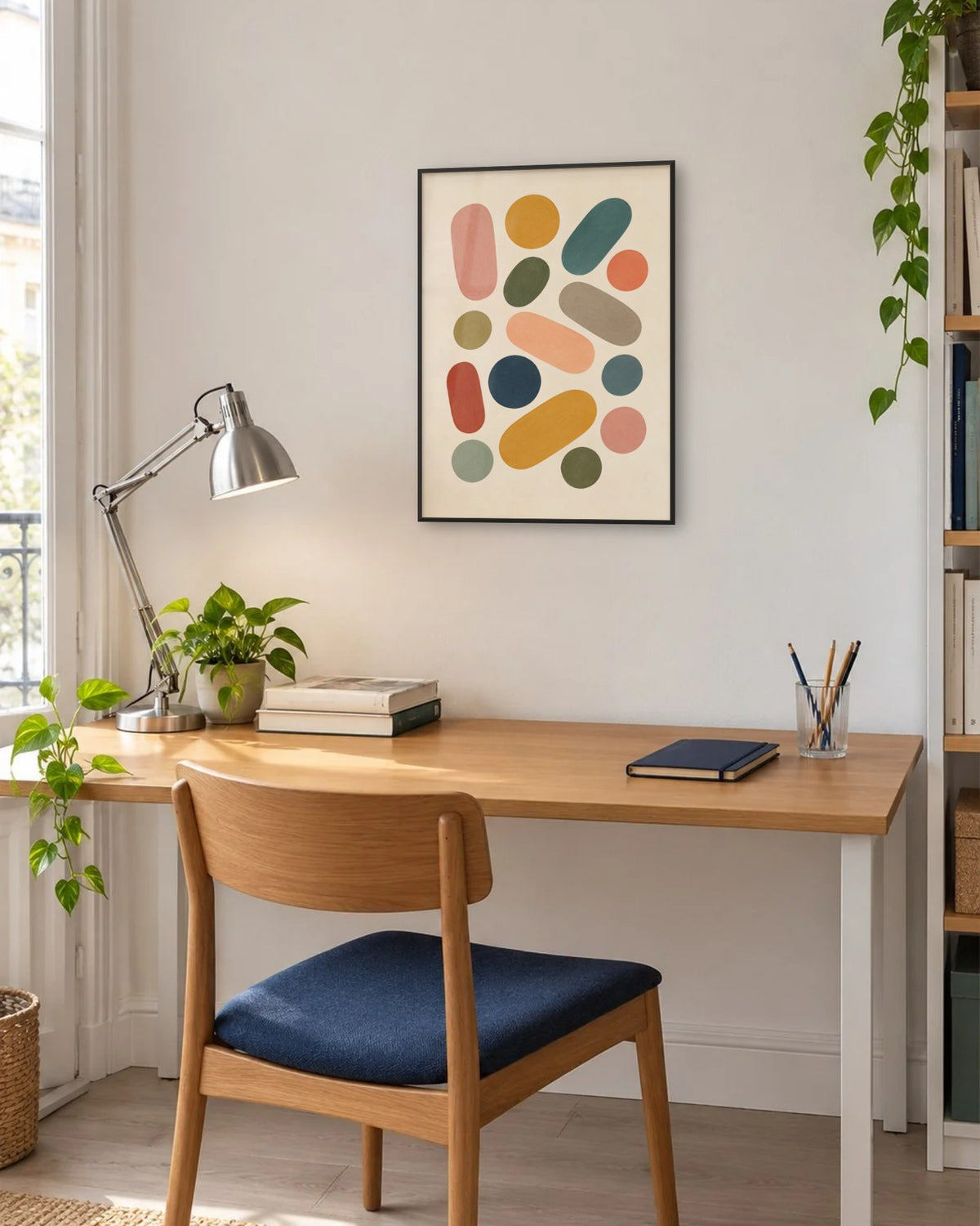 Affiche bureau formes arrondies multicolores en cadre noir au-dessus d'un bureau près d'une fenêtre