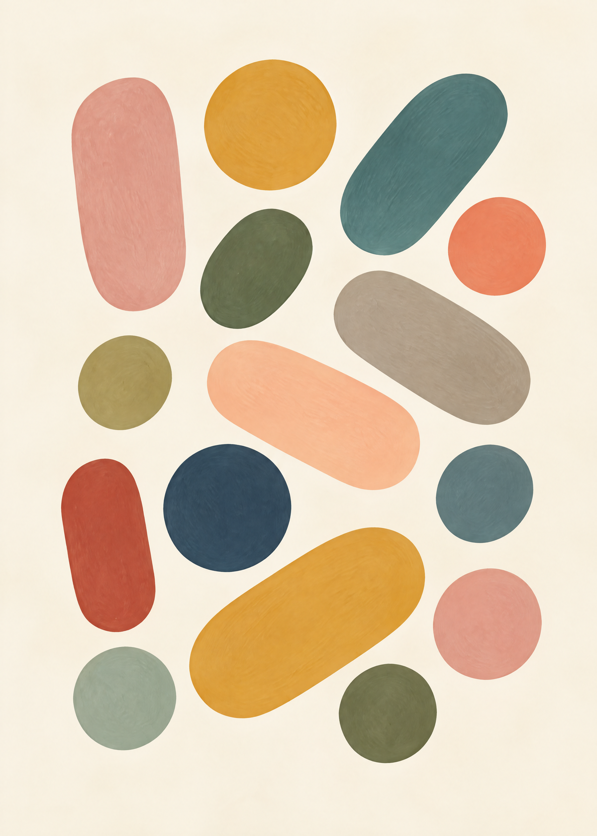 Affiche de formes arrondies multicolores, galets moutarde, rose, bleu canard et olive sur un fond crème