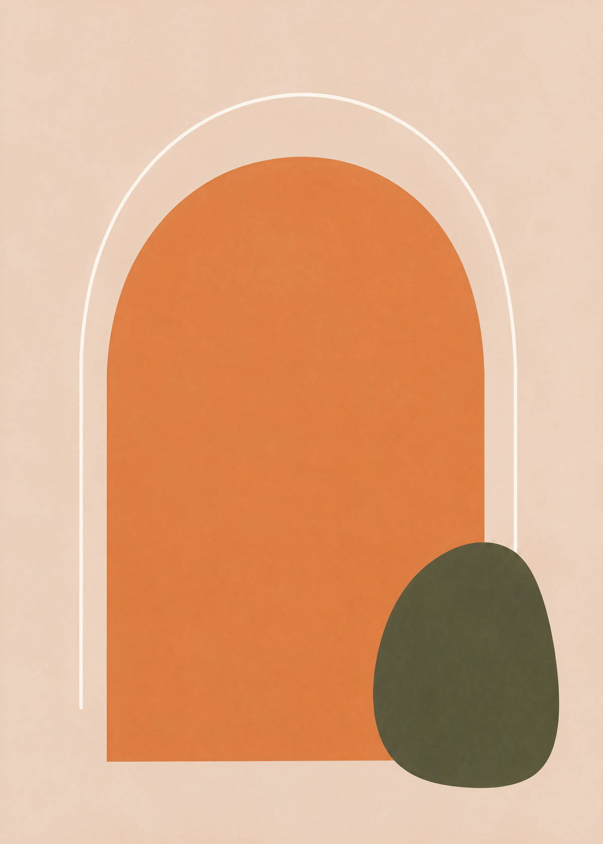 Affiche minimaliste, arche orange cerclée d’un trait blanc et galet vert olive sur un fond rose poudré