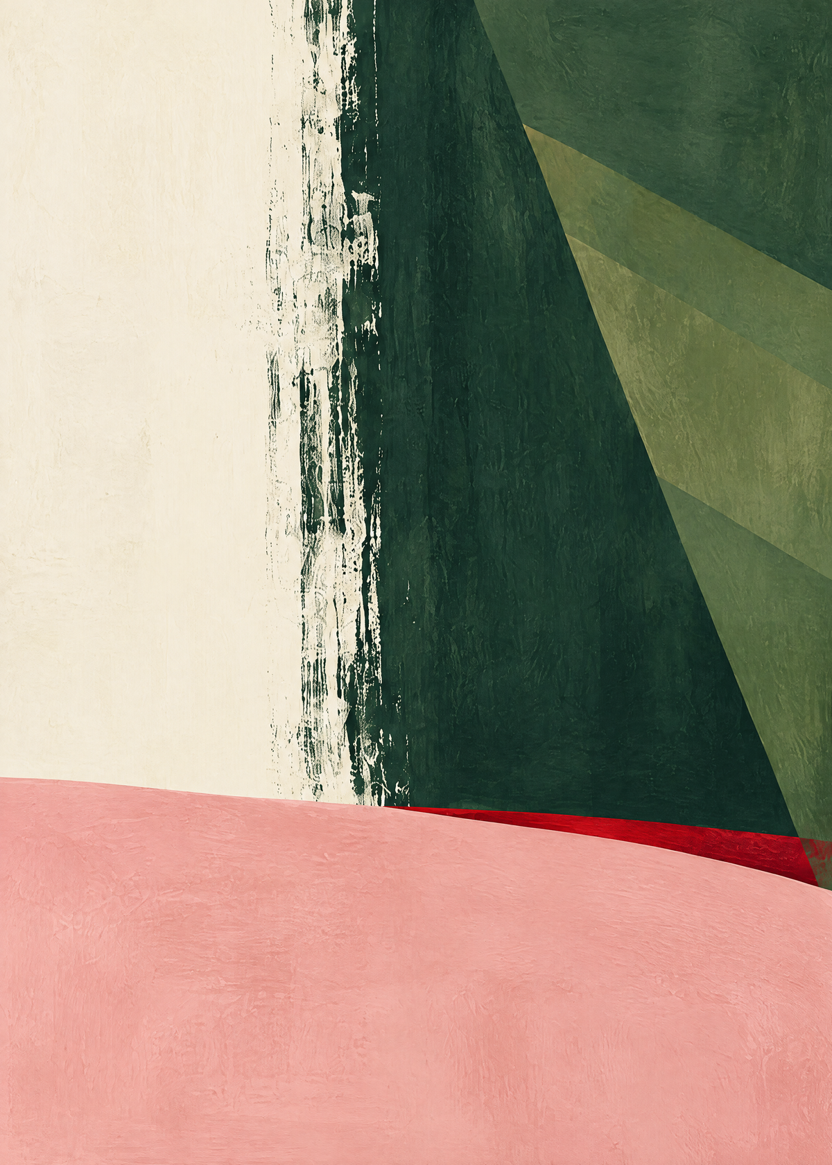 Affiche moderne peinte, aplats vert forêt et olive, pan crème et bande rose soulignée de rouge
