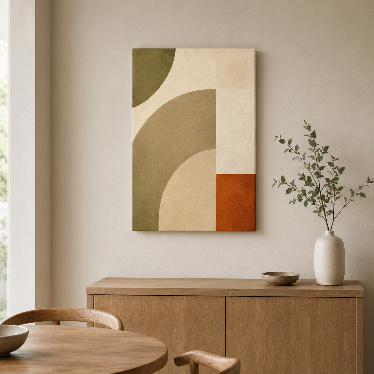 Tableau géométrique abstrait terracotta, sable et vert olive, vue d'ensemble
