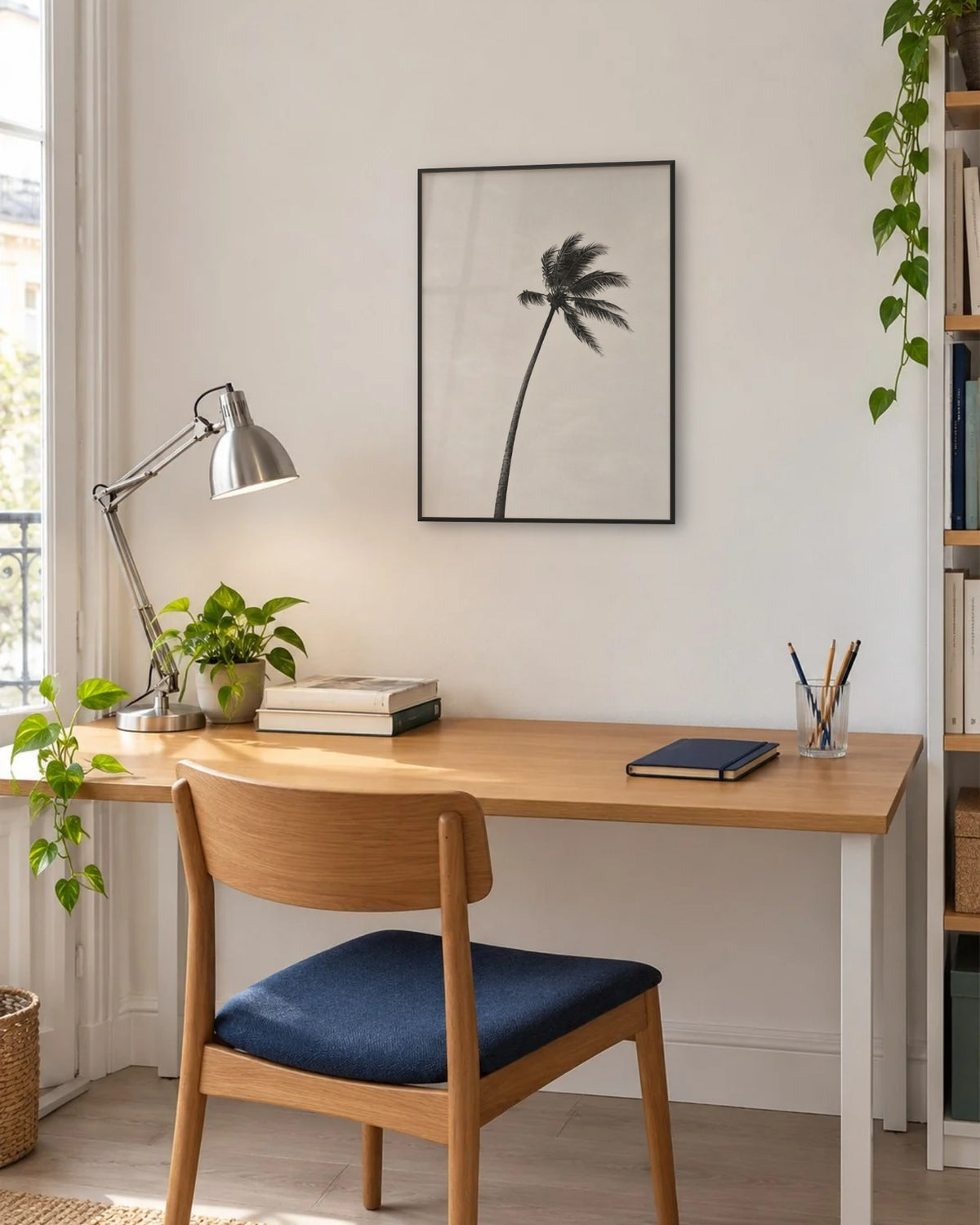 Affiche bureau palmier noir et blanc encadrée en noir au-dessus d'un bureau près d'une fenêtre