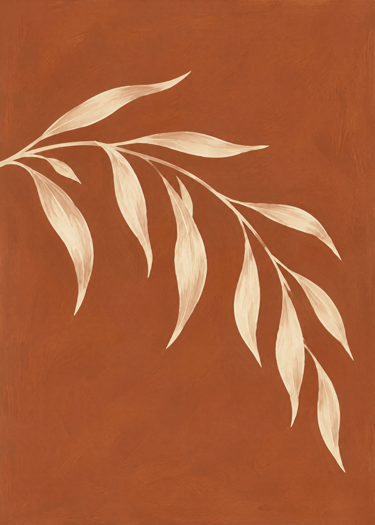 Affiche botanique, longue branche aux feuilles crème qui retombe sur un fond terracotta au rendu peint
