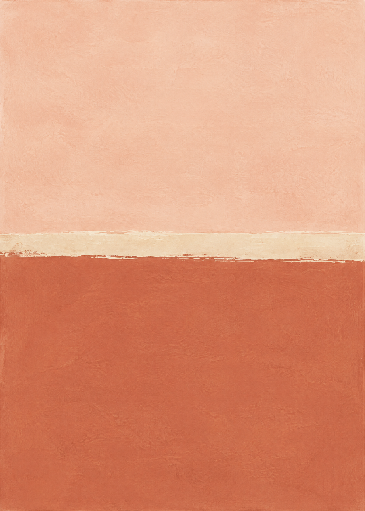 Affiche color block au rendu peint, aplat rose pêche en haut, terracotta en bas, trait crème entre les deux