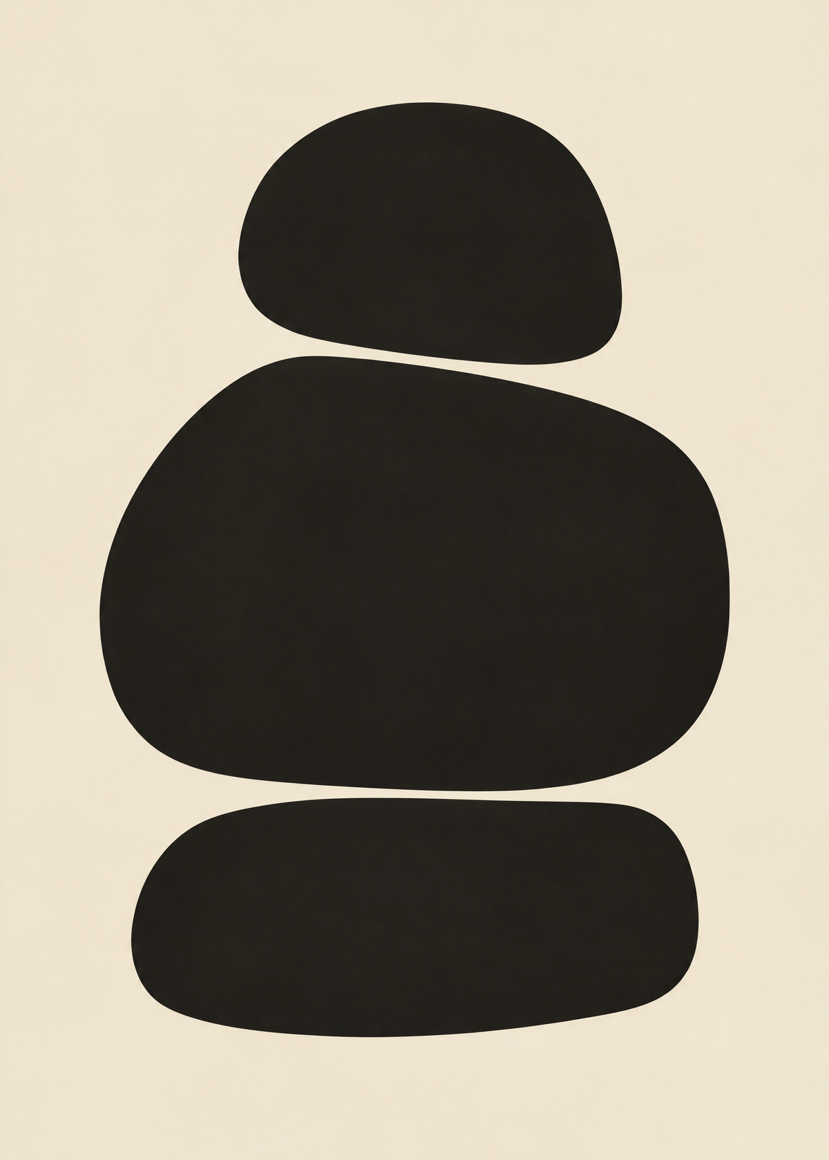 Affiche zen minimaliste, trois galets noirs posés en équilibre les uns sur les autres sur fond crème