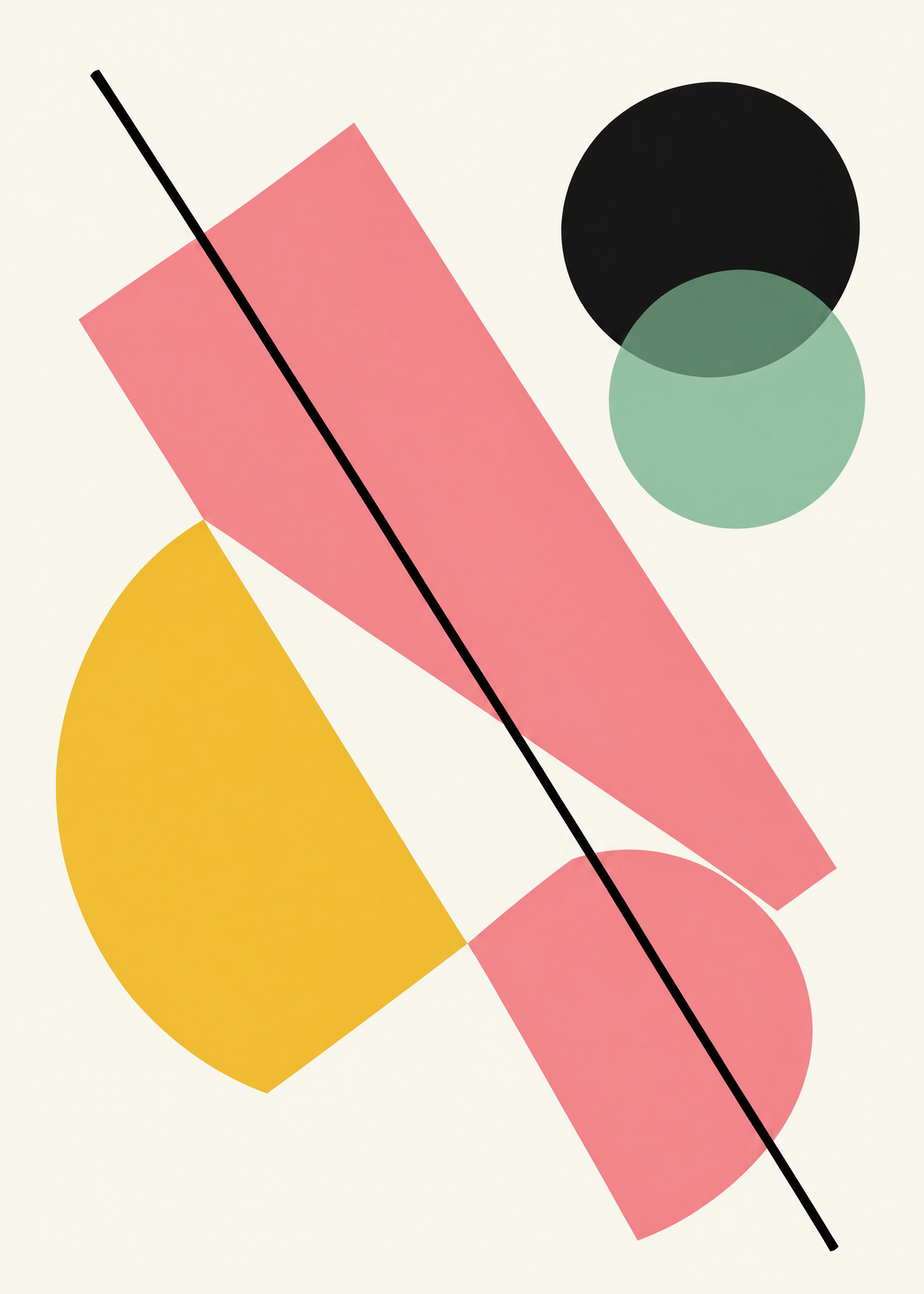 Affiche géométrique Bauhaus, bande rose corail en diagonale, trait noir, demi-cercle jaune et ronds