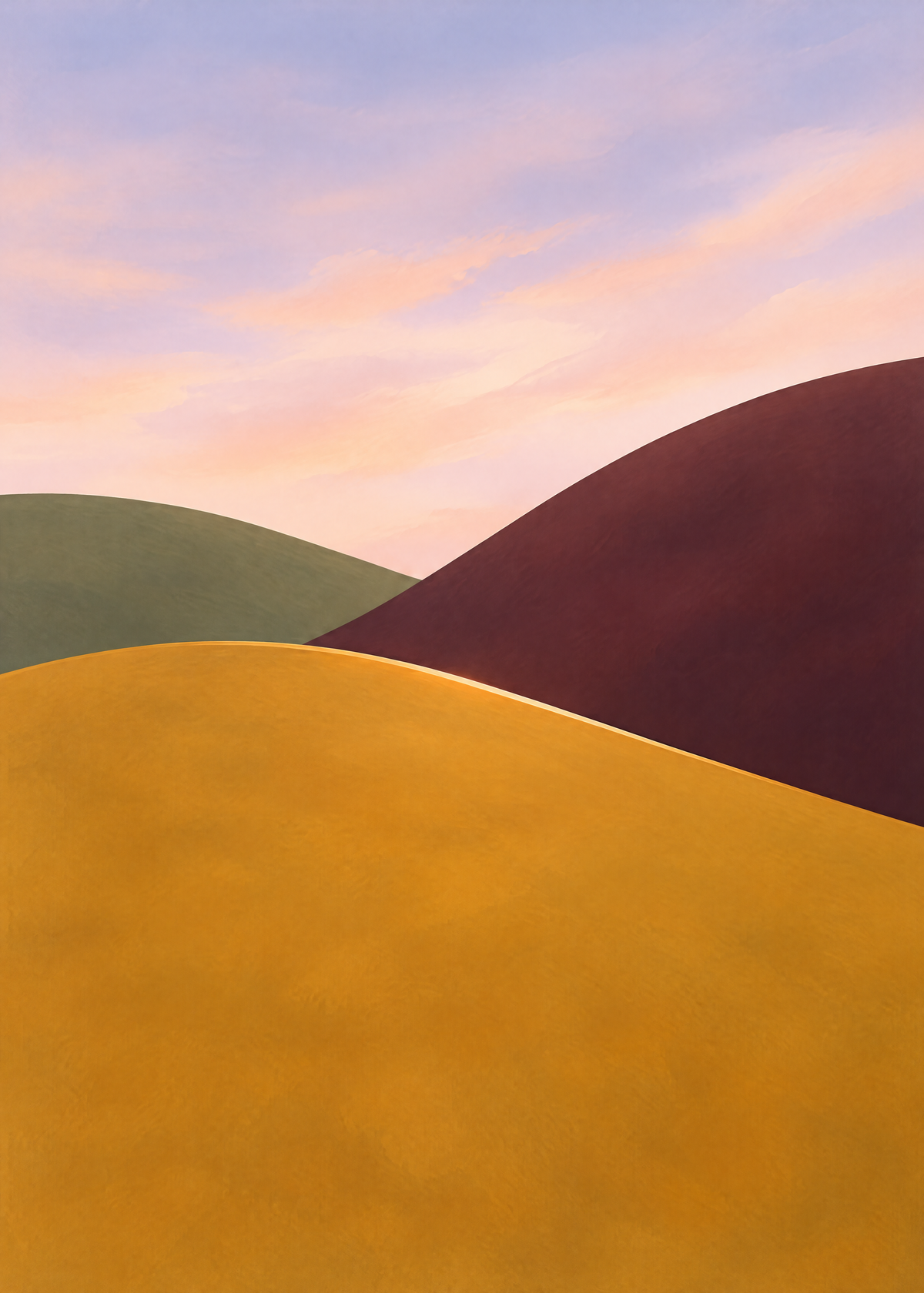 Affiche paysage, collines arrondies moutarde, bordeaux et vert sauge sous un ciel rose et lilas
