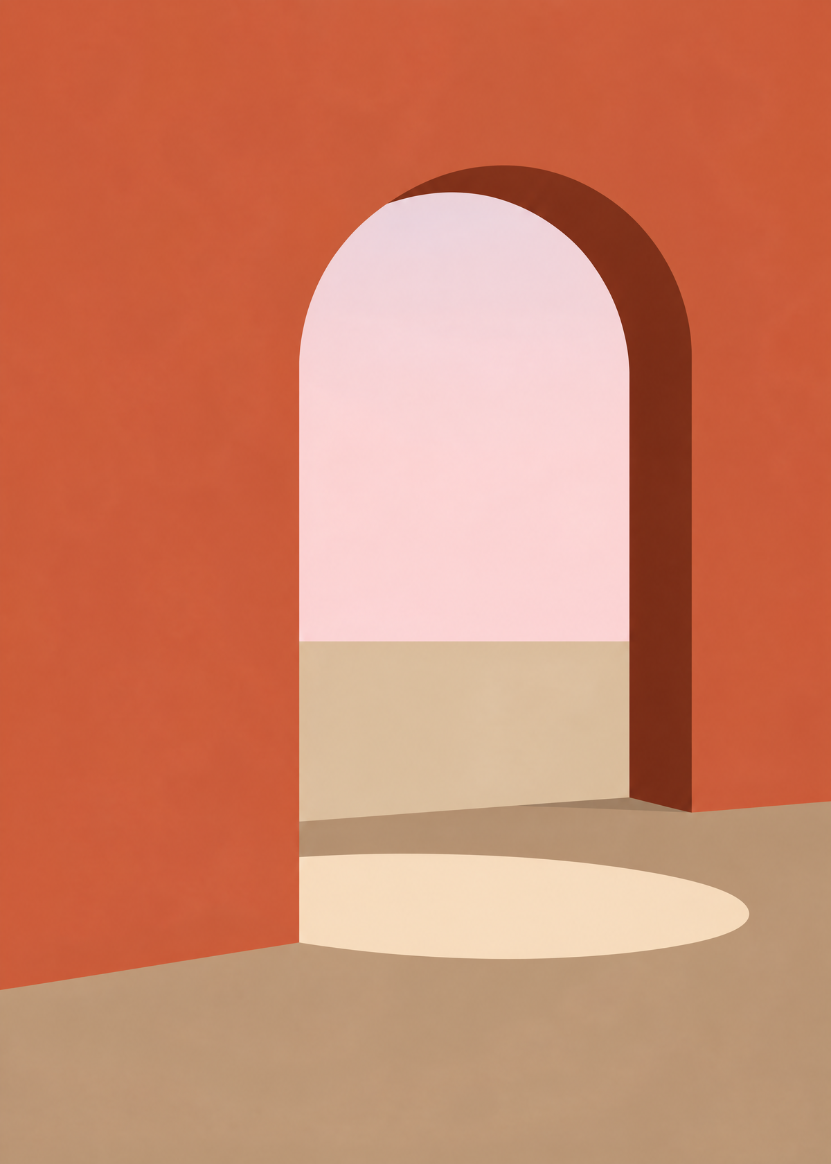 Affiche minimaliste, arche ouverte dans un mur terracotta sur un ciel rose pâle, tache de soleil au sol