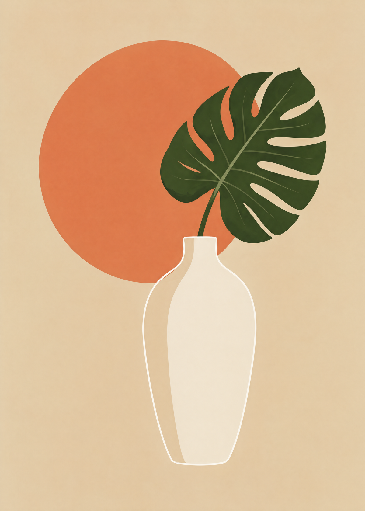 Affiche botanique, feuille de monstera vert foncé dans un vase blanc devant un soleil terracotta sur fond sable