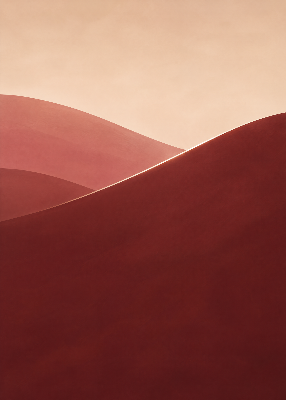 Affiche minimaliste, grande dune bordeaux et reliefs vieux rose sous un ciel pêche, fil de lumière