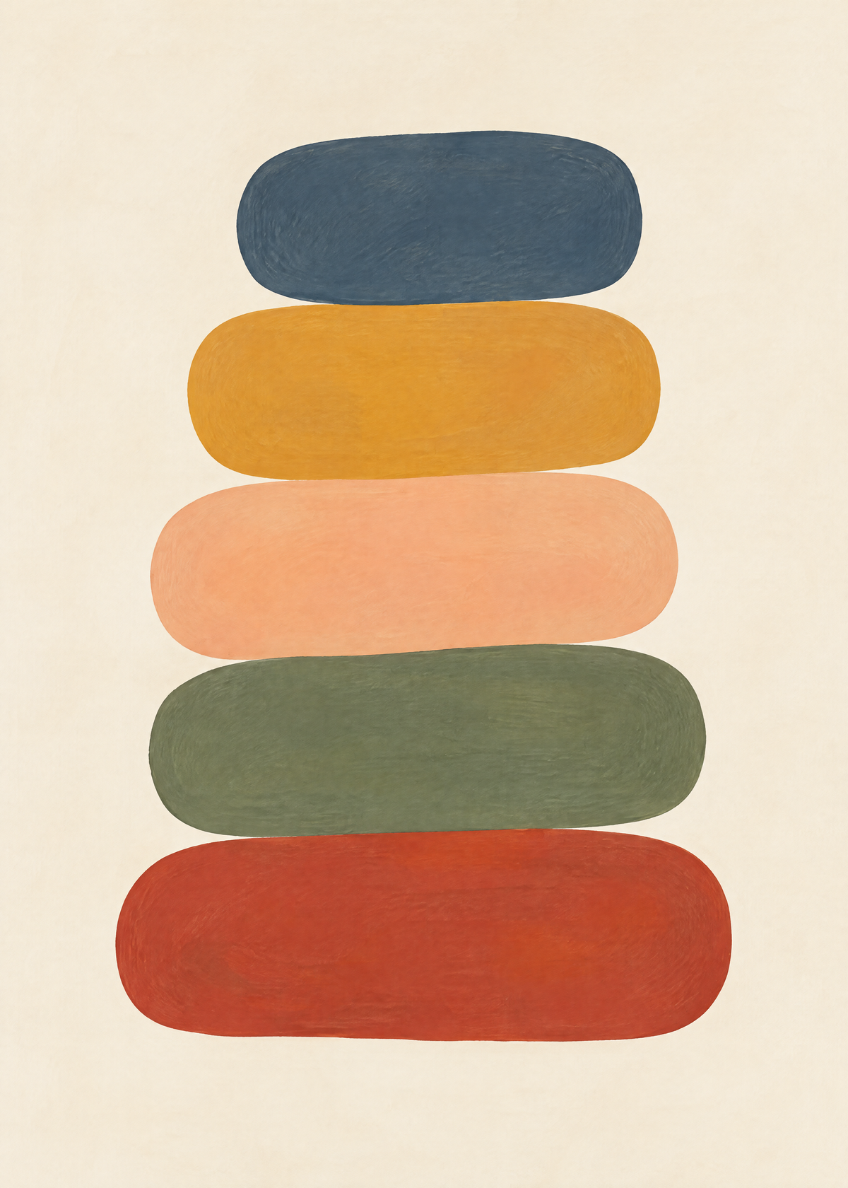Affiche de cinq galets empilés, bleu nuit, moutarde, pêche, vert olive et rouge brique sur fond crème