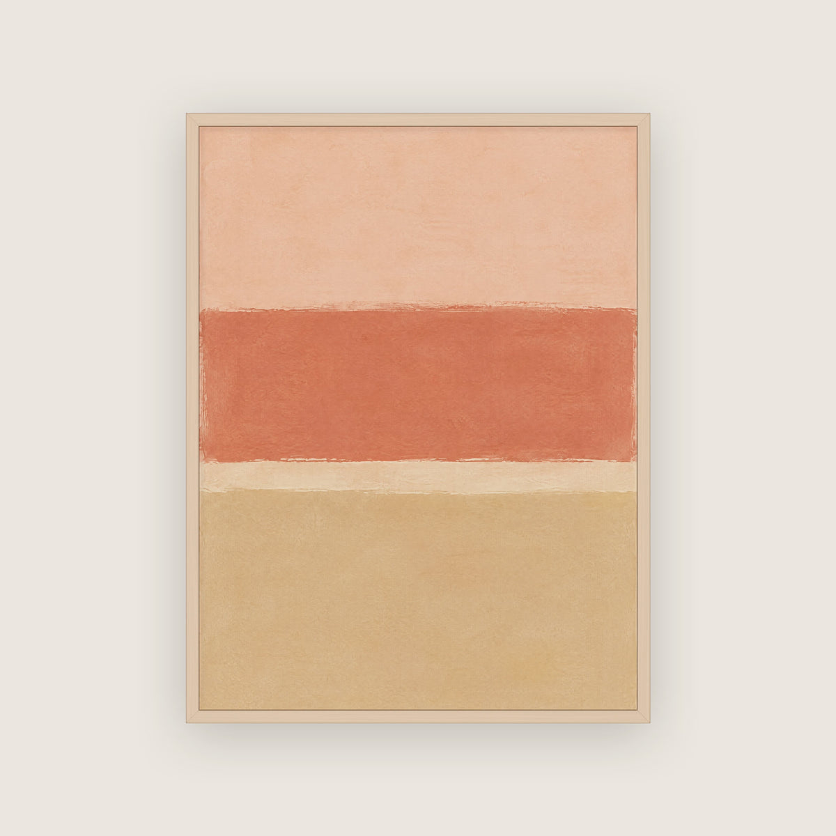 Affiche color field pêche et terracotta dans un cadre en chêne clair, bandes peintes horizontales