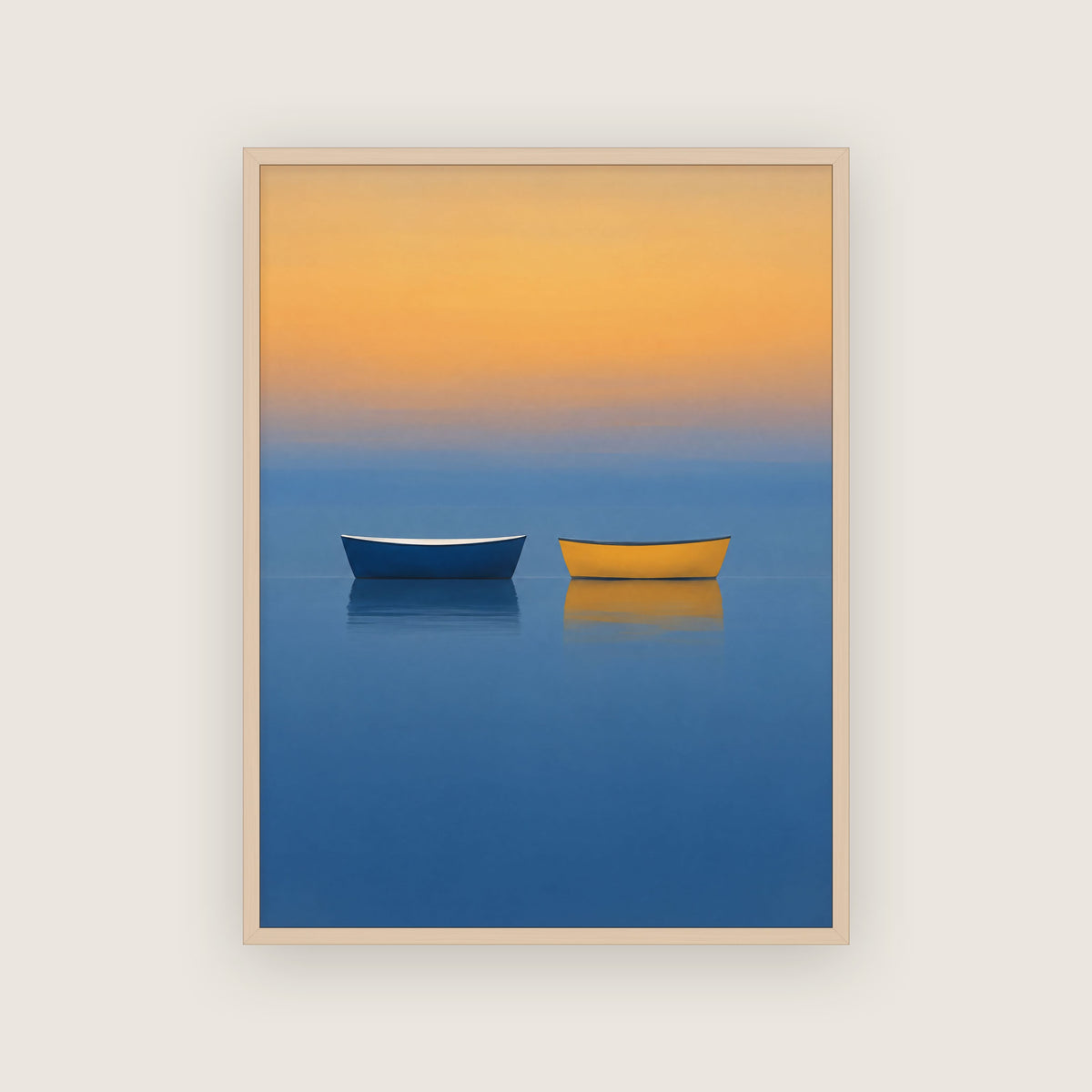 Affiche bord de mer bleu et jaune dans un cadre en chêne clair, deux barques face à face