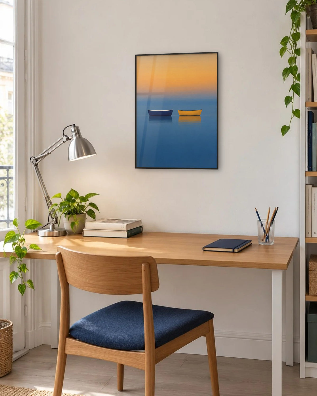 Affiche bureau bleu et jaune, deux barques en cadre noir au-dessus d'un bureau en chêne clair