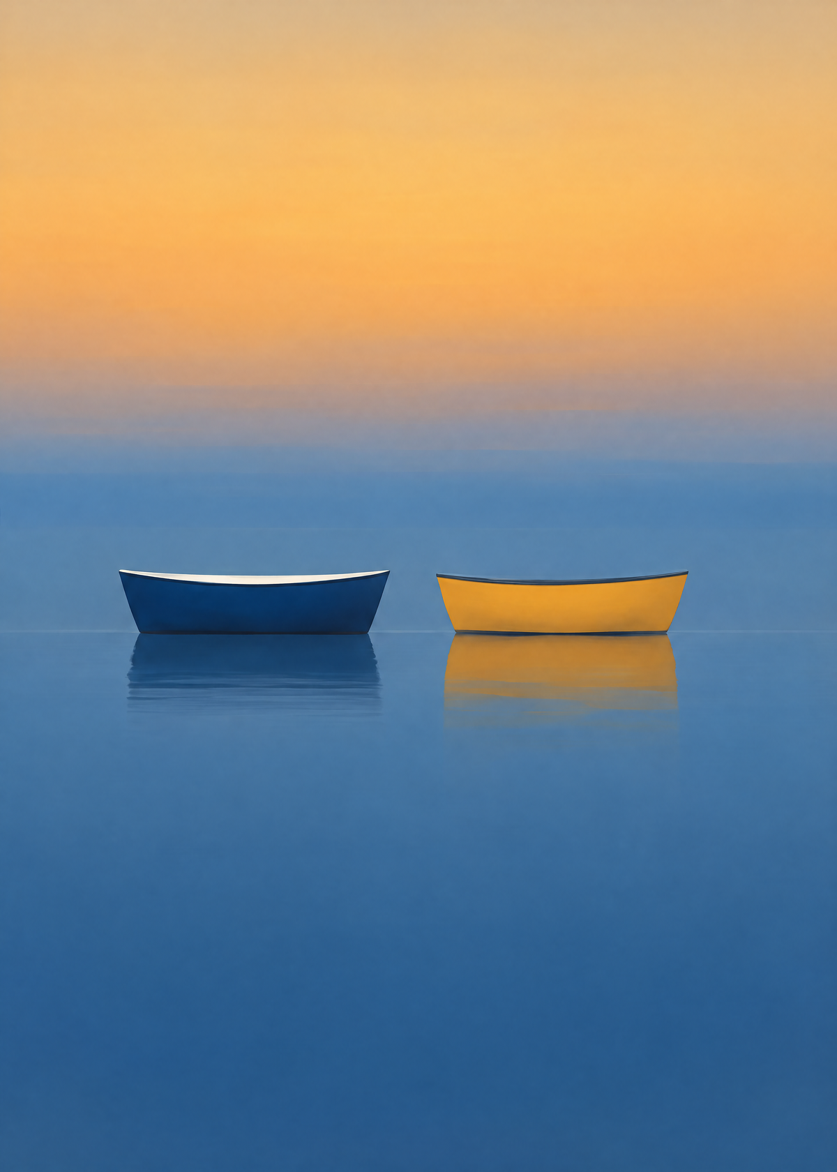 Affiche marine graphique, deux barques bleu marine et jaune sous un ciel orangé de fin de journée