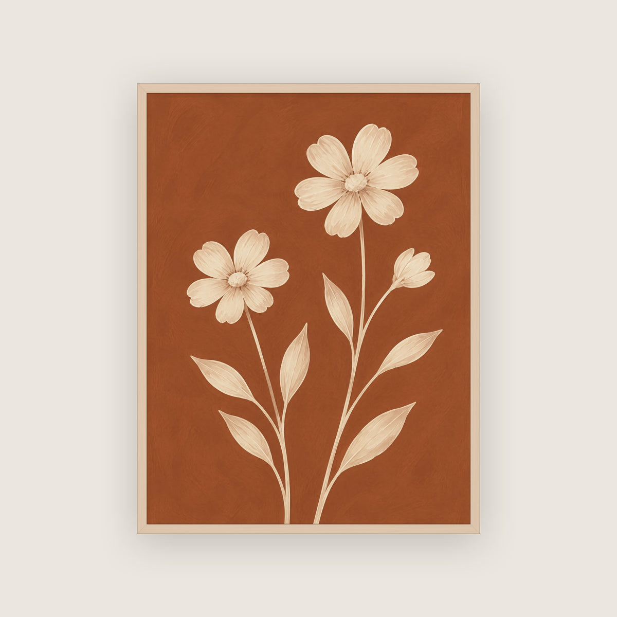 Affiche florale chaleureuse dans un cadre en chêne clair, fleurs crème sur un fond terracotta