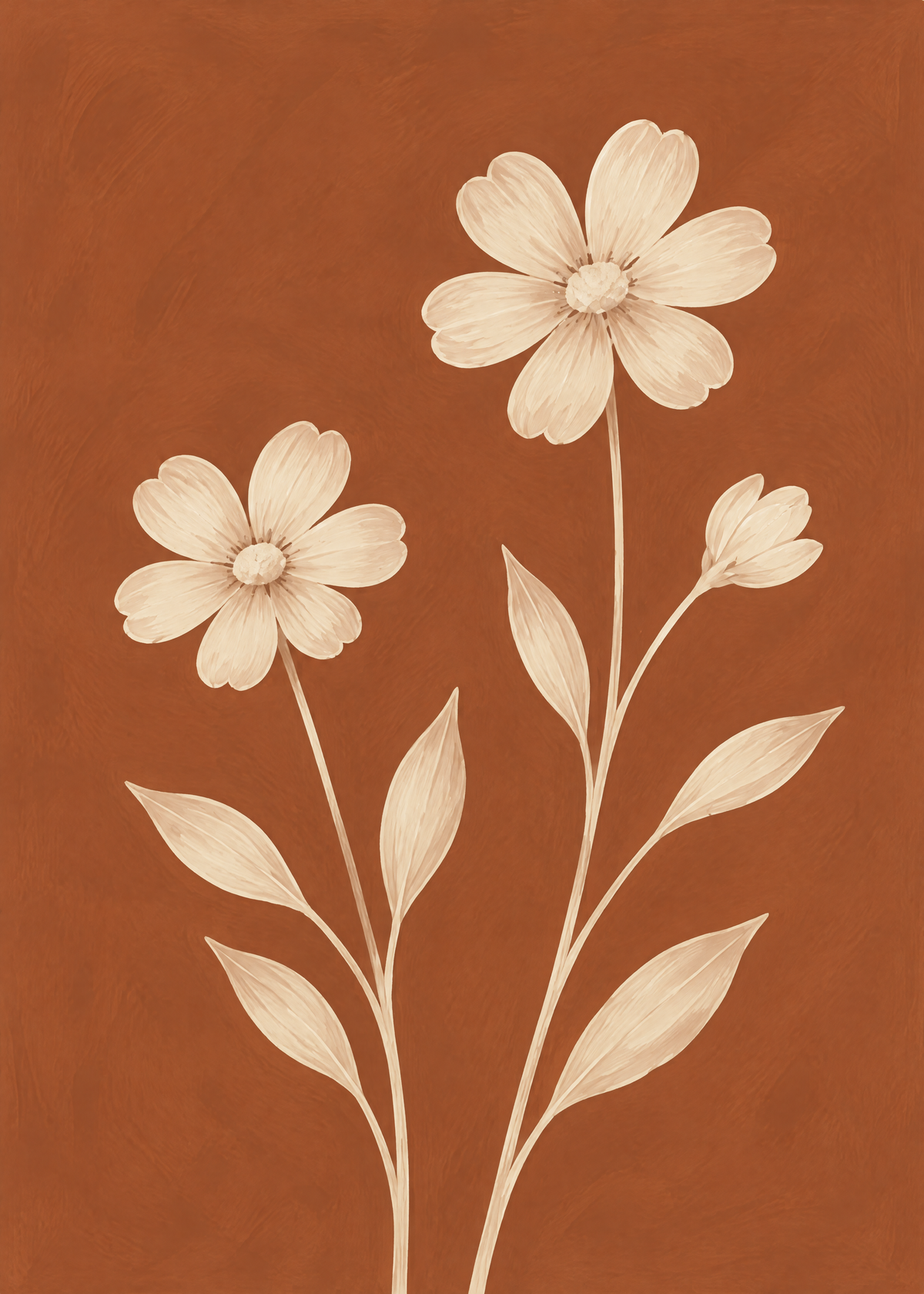Affiche florale, deux fleurs crème et leurs feuilles élancées peintes sur un fond terracotta