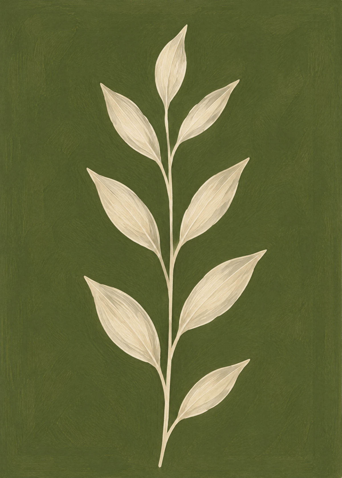 Affiche botanique sobre, branche droite aux feuilles crème peinte sur un fond vert olive uni
