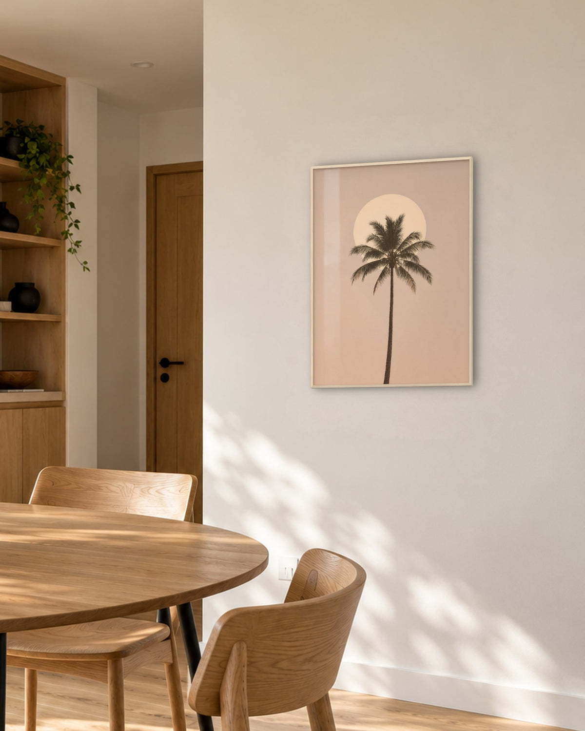 Affiche palmier sur fond rose poudré en cadre chêne clair, salle à manger avec table ronde en chêne