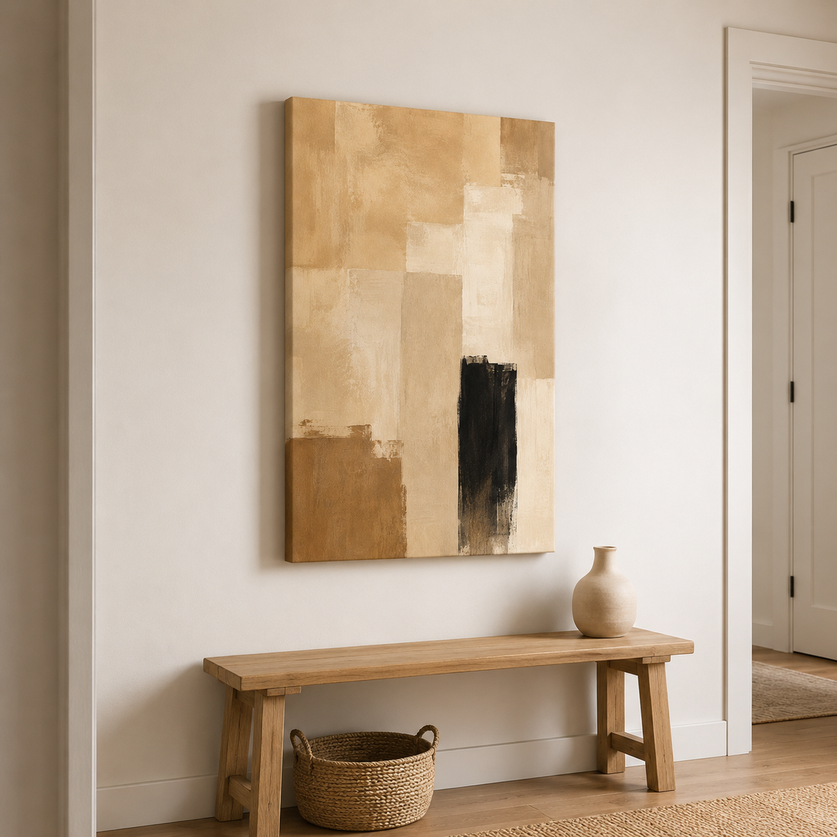 Trait d'ombre – Tableau abstrait beige, marron et noir