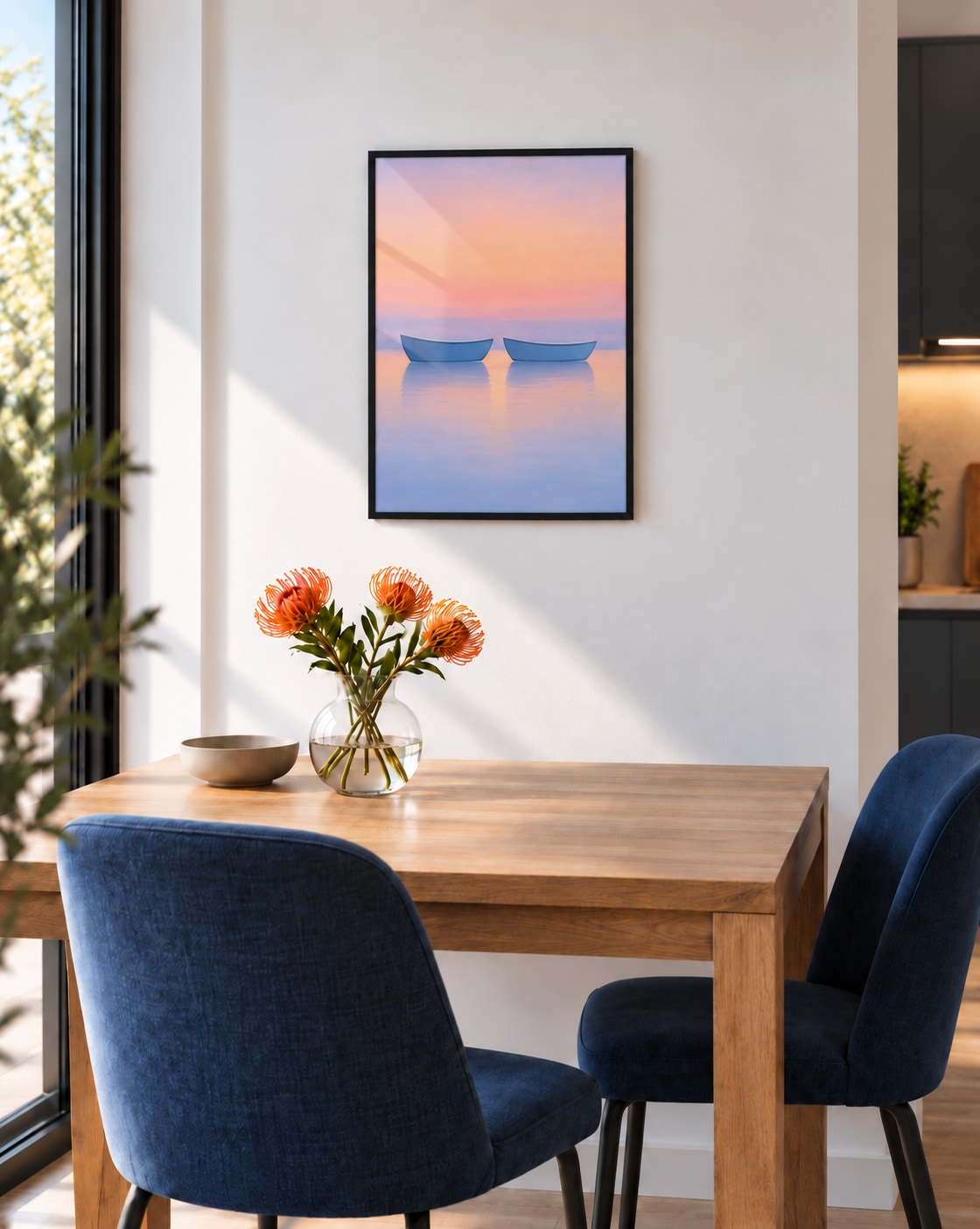 Affiche salle à manger deux barques sur une mer rose et lavande encadrée en noir au-dessus d’une table en bois et de chaises bleues