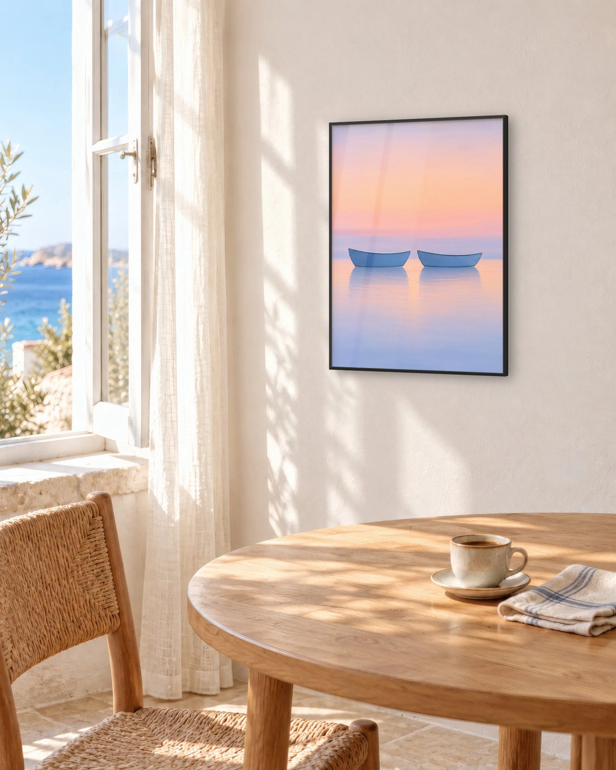 Affiche salle à manger barques rose et bleu encadrée en noir au-dessus d'une table face à la mer