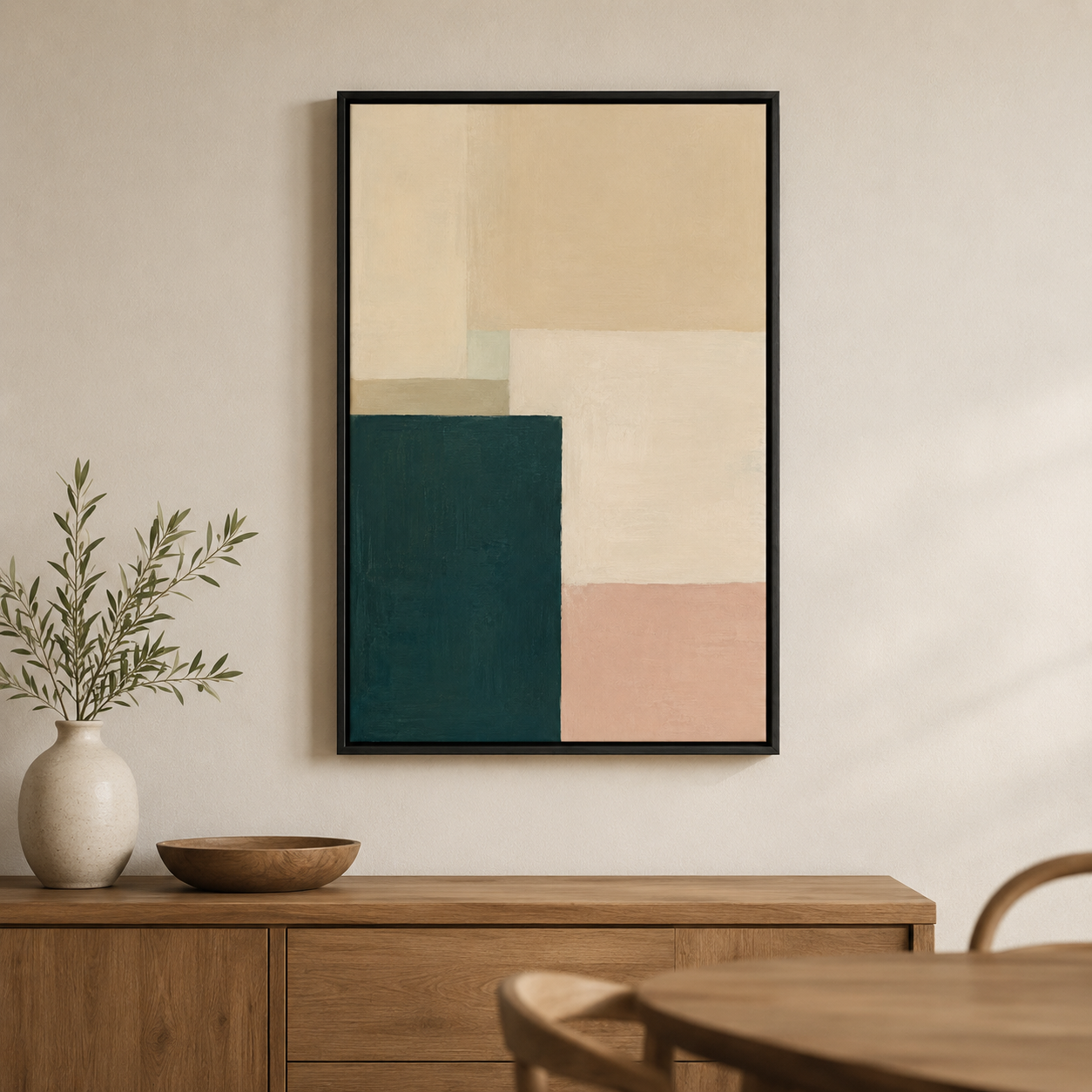 Vert profond et lin – Tableau abstrait géométrique