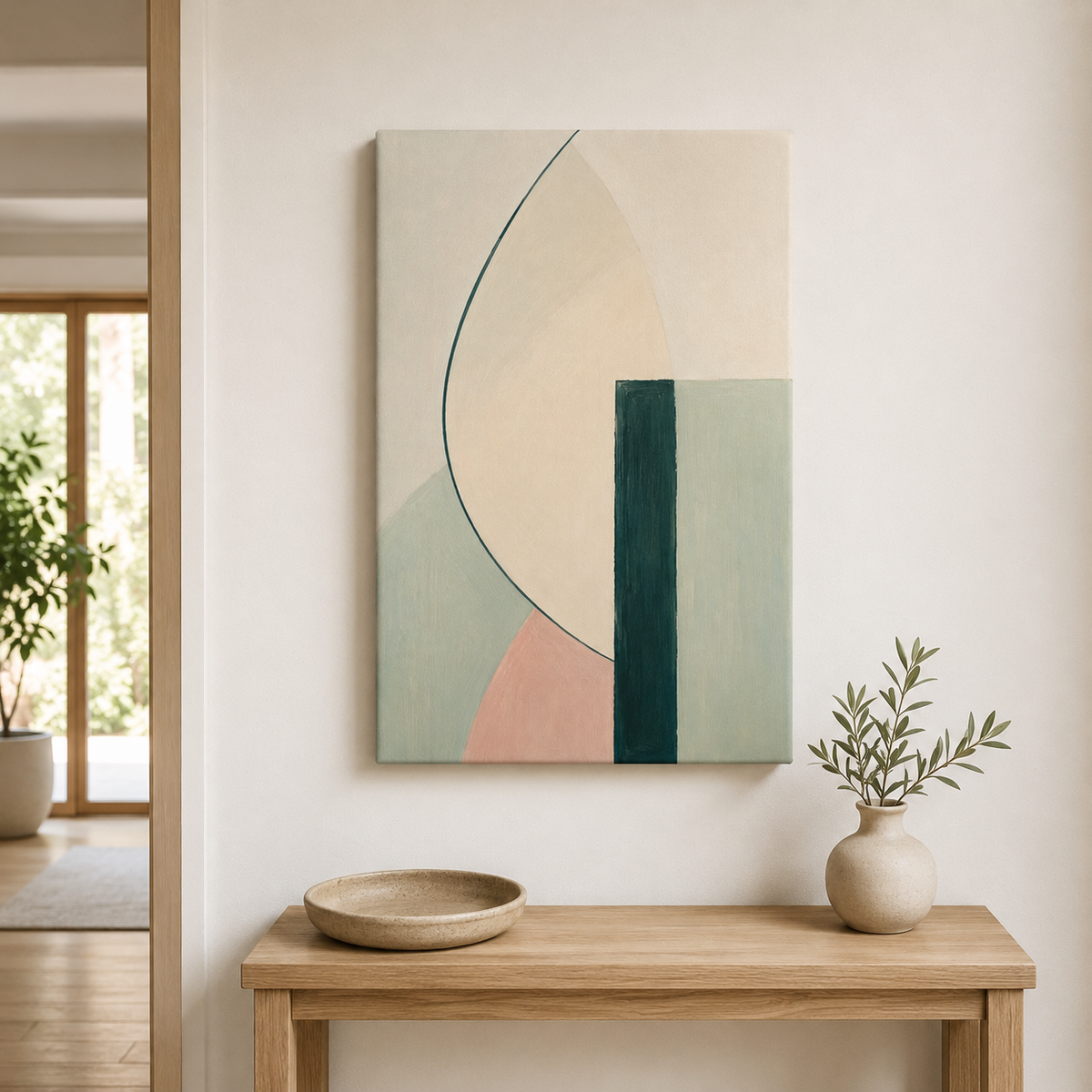 Douceur sauge et rose – Tableau abstrait géométrique pastel